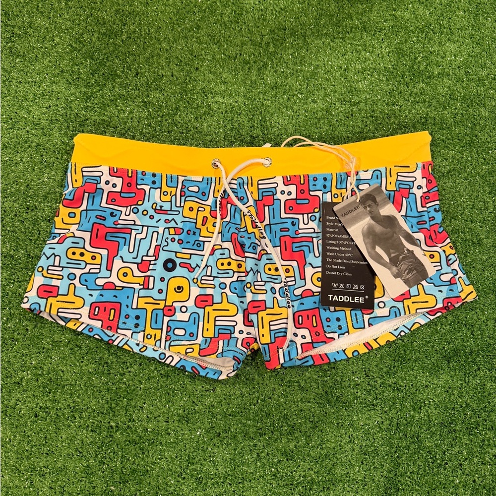 🩲 Men's LARGE Multicolor Athletic Swim Shorts with Yellow Waistband by TADDLEE